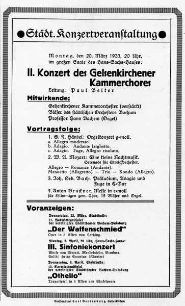 Programmzettel: Konzert des Gelsenkirchener Kammerchores mit Hans Bachem an der Orgel, 20.03.1933.