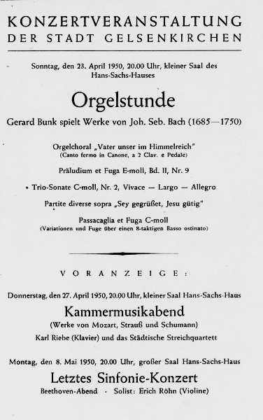 Programmzettel zurzur Orgelstunde mit Gerard Bunk am 23.04.1950.