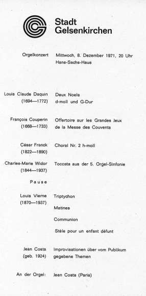 Programmzettel zum Orgelkonzert mit Jean Costa am 08.12.1971.