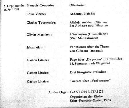 Programmankündigung zum Konzert von Gaston Litaize am 21.04.1958