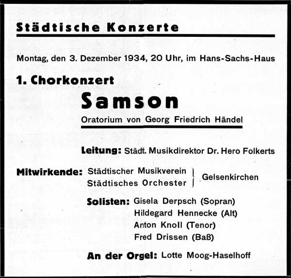 Programmanzeige zum Chorkonzert "Samson", Oratorium von Hndel, mit Lotte Moog an der Orgel, 03.12.1934.