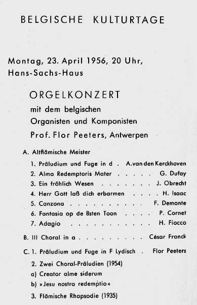 Programmzettel zum Orgelkonzert mit Flor Peeters am 23.04.1956.