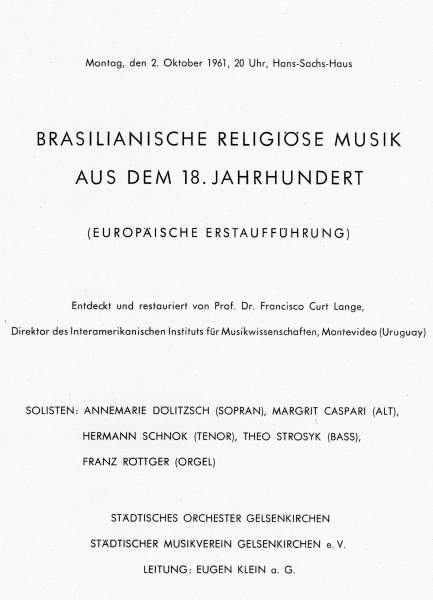 Programmheft zum Konzert mit brasilianischer religiser Musik mit Franz Rttger an der Orgel am 02.10.1961. Titelblatt.