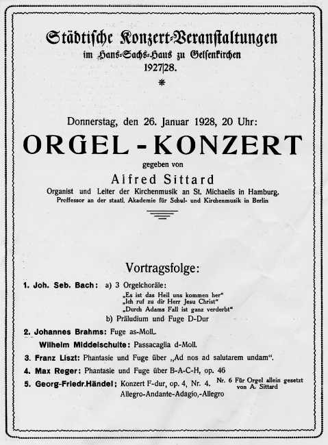 Programmzettel: Orgelkonzert mit Alfred Sittard am 26.01.1928.